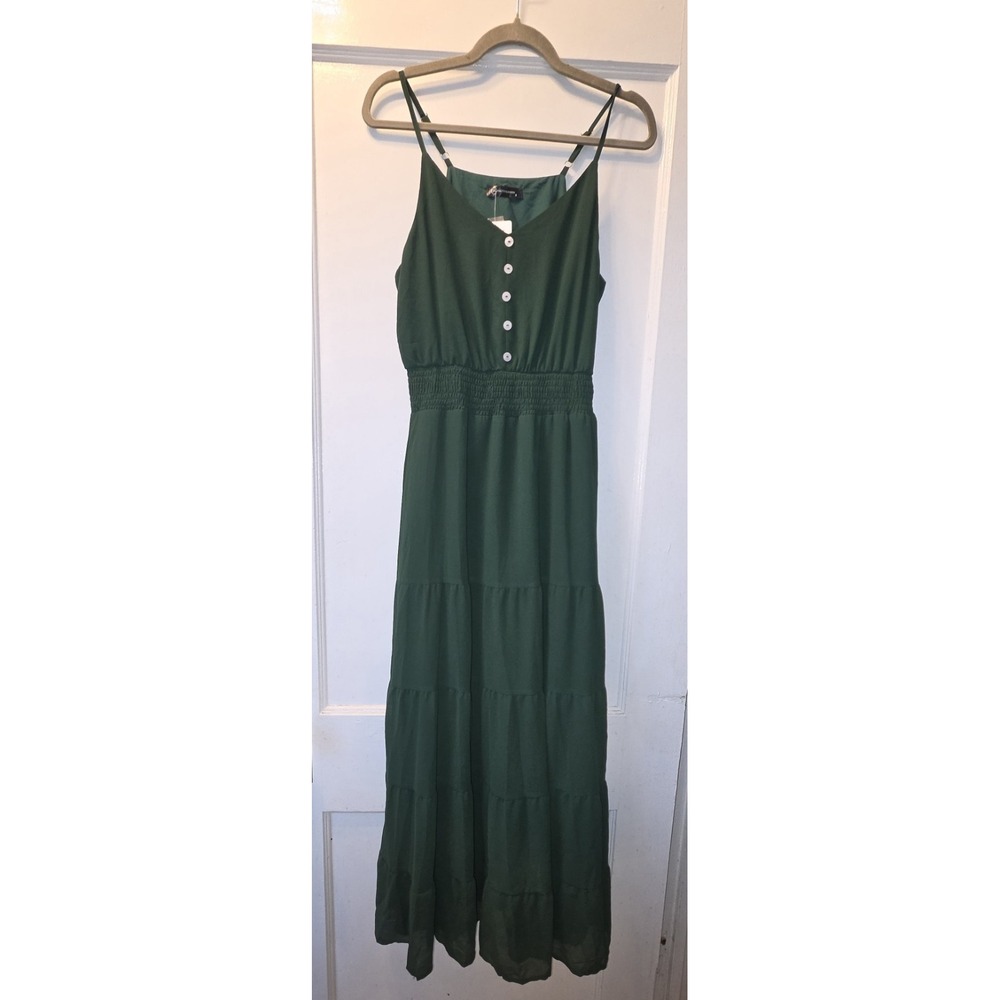 Prettygarden Womens Forest Green  Spaghetti Strap Button Front Midi Sundress S